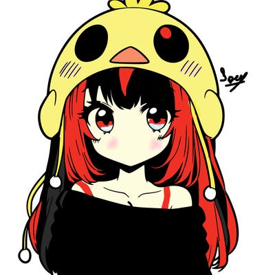 anime girl with chick shaped hat with sweater with bare shoulders with bangs covering them one eye with low tail