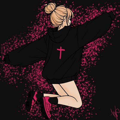 realistic girl jumping with a bun and oversized sweatshirt