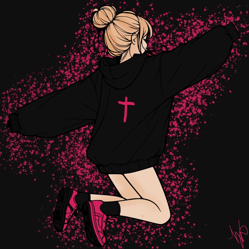 realistic girl jumping with a bun and oversized sweatshirt