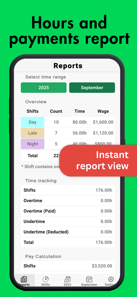 Shift Work Calendar - Simple - Captura de tela de um aplicativo móvel mostrando um relatório detalhado de turnos de trabalho com cálculos de horas e pagamentos para trabalhadores