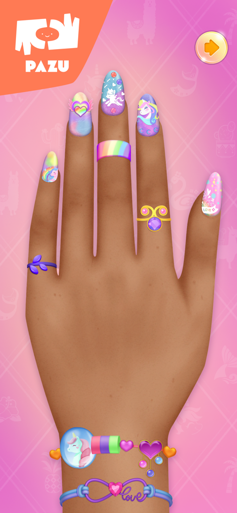 Nail Salon Games for Girls - Arte de uñas con temática de unicornio con anillos y pulseras coloridas en un juego de manicura para niños