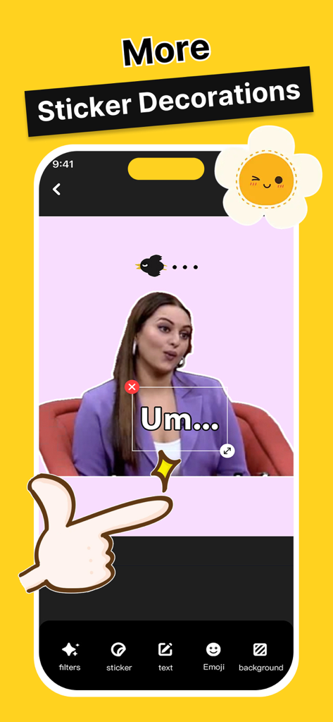 Sticker by Sticker Maker - Mobile app interface showing how to add text and decorations to a custom sticker.