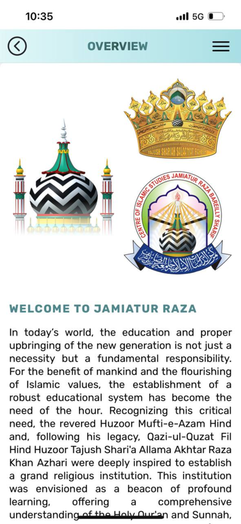 Imam Ahmad Raza Trust - A welcome message and overview of Jamiatur Raza featuring Islamic symbols and educational text.