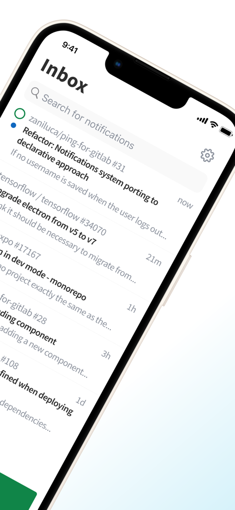 Ping For Gitlab - Pantalla de iPhone mostrando una bandeja de entrada de notificaciones de GitLab para varios proyectos de software