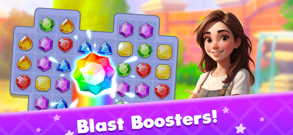 Gioco puzzle Match 3 che mostra un booster arcobaleno e un personaggio