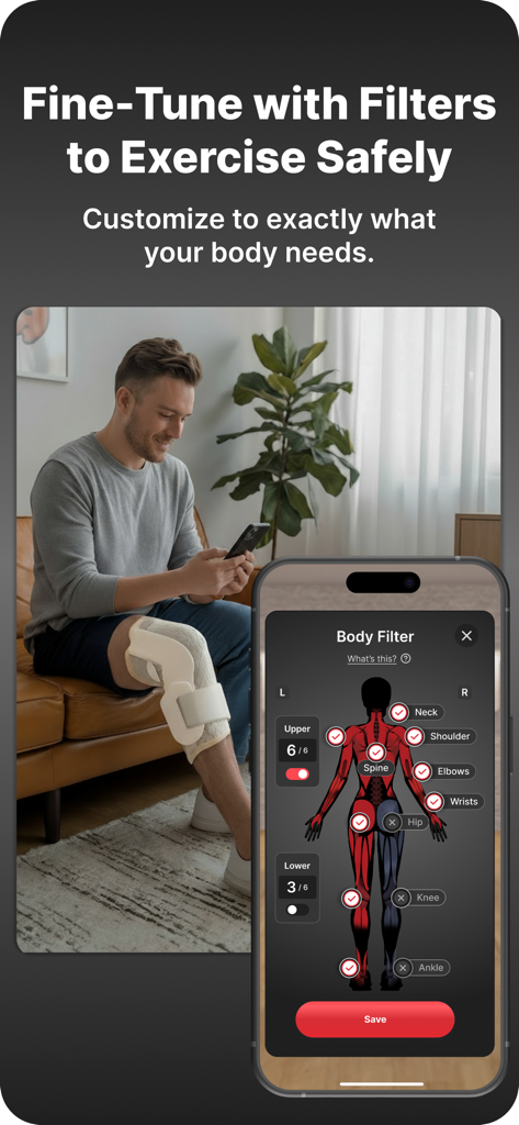 WeStretch: Stretching & Splits - Um homem usando o recurso de filtro corporal do aplicativo WeStretch para selecionar partes específicas do corpo para uma rotina de alongamento personalizada.