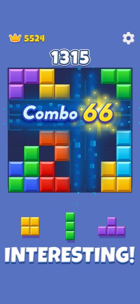 Block Buster Puzzle Blast Gameplay mit einem Combo-Score und bunten Blöcken auf einem Gitter.