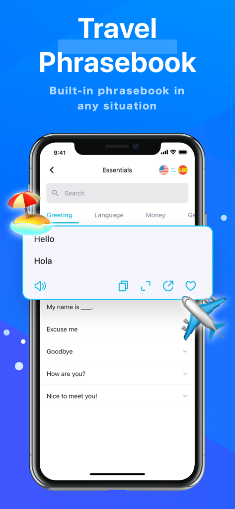 Realtime Translate-Translator - 英語からスペイン語への挨拶が表示されたリアルタイム翻訳アプリのトラベルフレーズブック機能を展示するスマートフォン
