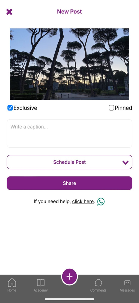 Captura de tela da tela de criação de novo post no aplicativo Fanova para Criadores mostrando opções de upload e agendamento de conteúdo