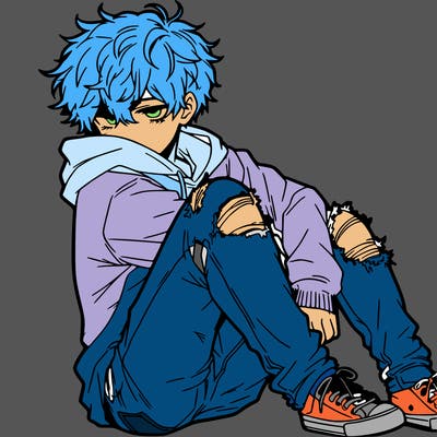 a male hoddie ripped jeans messy hair anime