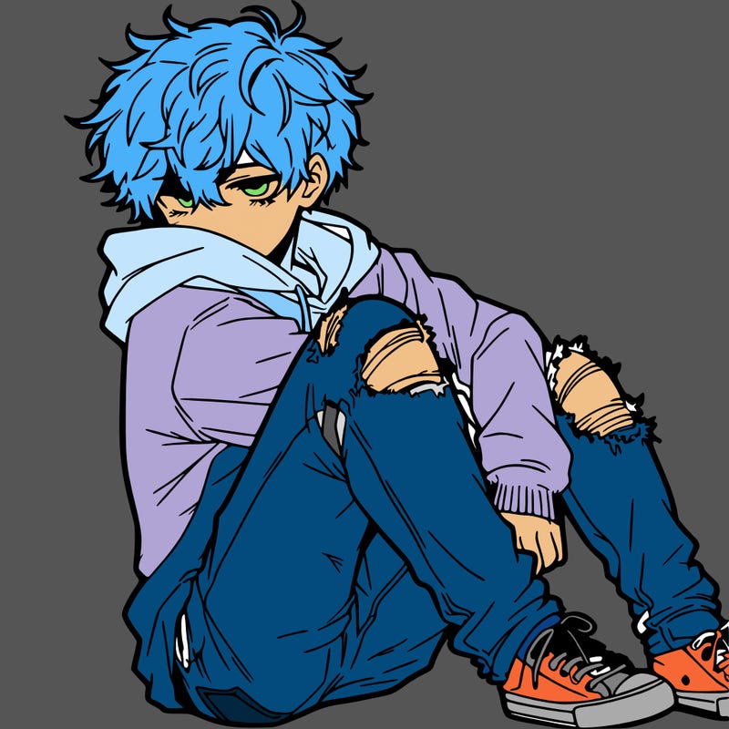 a male hoddie ripped jeans messy hair anime