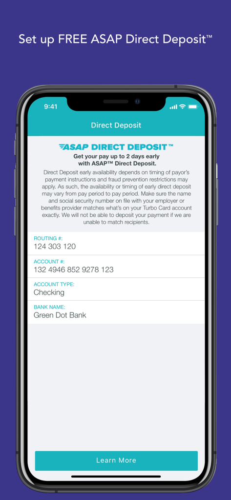 Interface do aplicativo móvel Turbo Card para configurar o ASAP Direct Deposit mostrando detalhes da conta bancária
