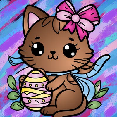 cat with easter egg and ribbon