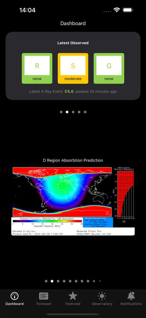Aurora - Solar Observatory - The dashboard of the Aurora Solar Observatory app showing latest observed space weather events and a D Region Absorption Prediction map.
