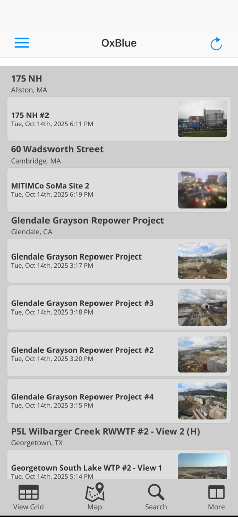 OxBlue Camera Viewer - OxBlue app dashboard showing a list of construction projects with site names and camera thumbnail previews