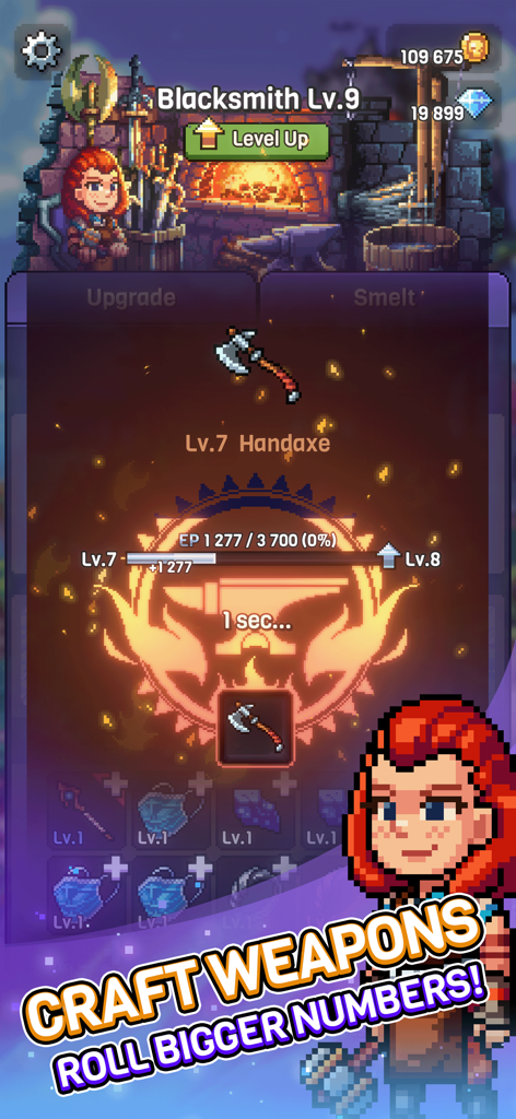 Knights of Pen and Paper 3 - Menú de herrería en Knights of Pen and Paper 3 mostrando la mejora de un hacha de mano con gráficos pixelados