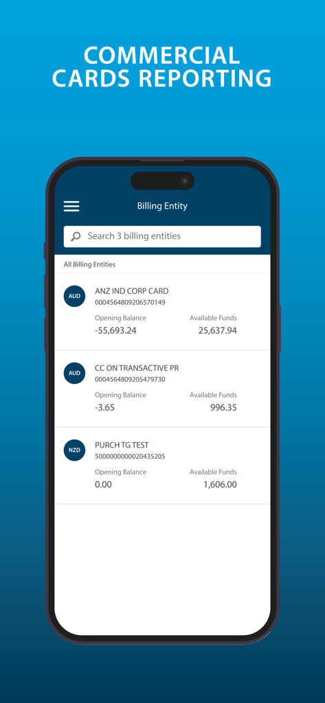 ANZ Transactive - Global - Commercial cards reporting screen in the ANZ Transactive Global app showing billing entities and available funds.