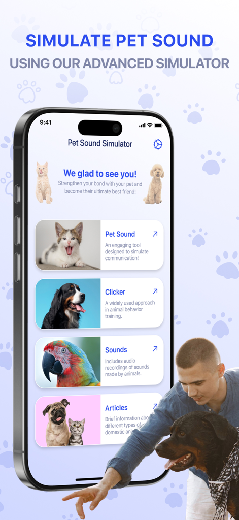 SpeakPet: Animal Communicator - Interface of the SpeakPet app displaying features like pet sound simulator and clicker training