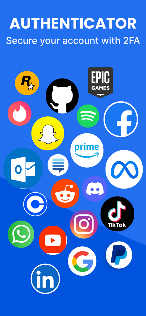 A collage of icons for popular platforms like Facebook Google and TikTok supported by the Authenticator app for two factor authentication