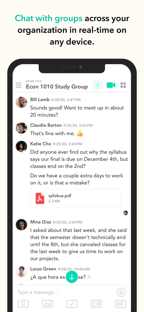 Pronto Team Communication - Pronto 앱 인터페이스는 메시징 및 파일 공유 기능이 있는 대학생을 위한 실시간 스터디 그룹 채팅을 보여줍니다.