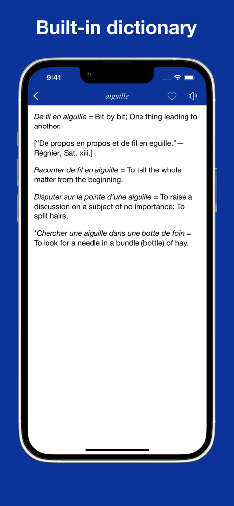 User interface of the built-in dictionary in the French Idioms and Proverbs app displaying various idiomatic expressions.