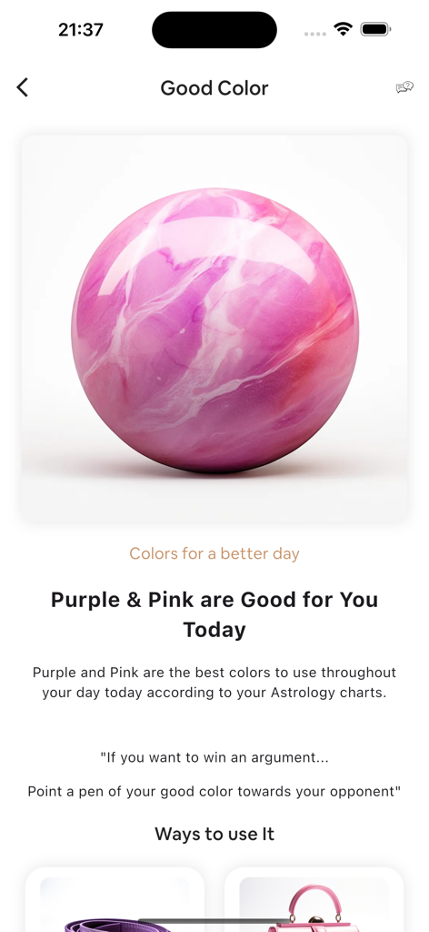 Aur la Vie - Aur la Vieアプリの画面には、紫とピンクの毎日の占星術カラーレコメンデーションが表示されています
