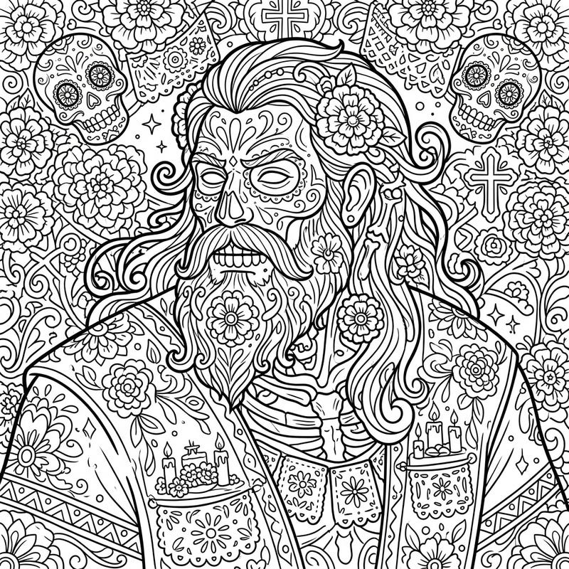 Dive into a captivating blend of Norse mythology and vibrant cultural celebration with this Ymir Day of the Dead coloring page. Adorned with intricate sugar skull motifs, marigolds, and rich floral patterns, it offers a truly unique artistic experience.
