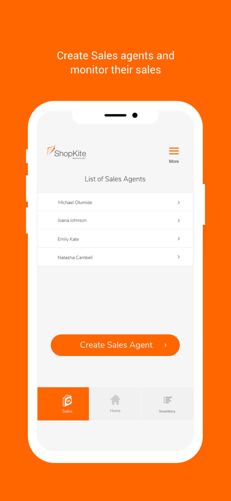 Shopkite Merchant mobile app screen showing a list of sales agents and a button to create a new agent