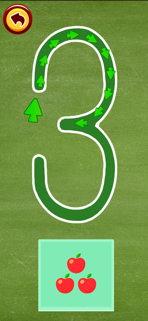 Kids Reading Games: ABC Dinos - Interface educacional para crianças traçando o número três com setas guias e três maçãs vermelhas.