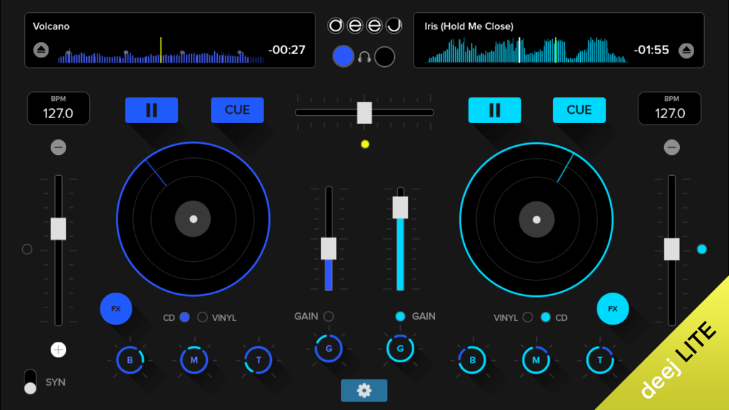 deej Lite - DJ turntable. Mix, record & share your music - Interface of the deej Lite app featuring dual virtual turntables and music mixing controls