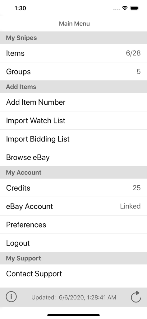 Interfaz del menú principal de la aplicación Myibidder Auction Bid Sniper mostrando gestión de artículos y configuración de cuenta