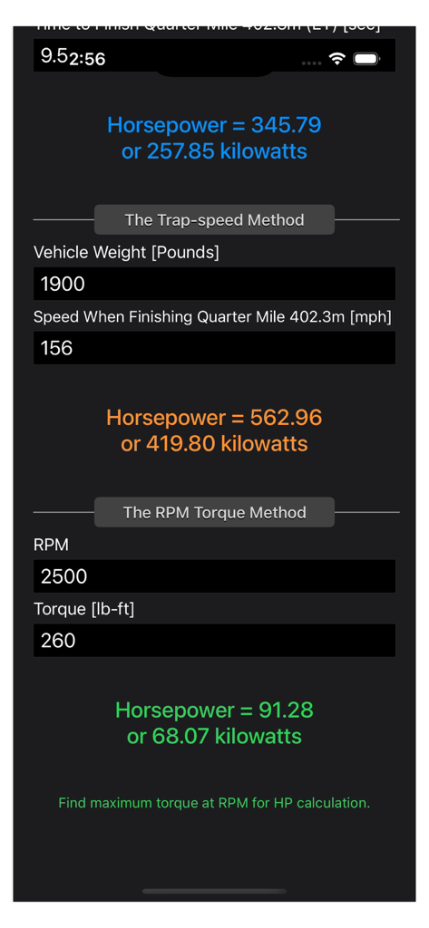 A screenshot of the Engine Horsepower Calculator app showing horsepower and kilowatt results based on trap speed and RPM torque