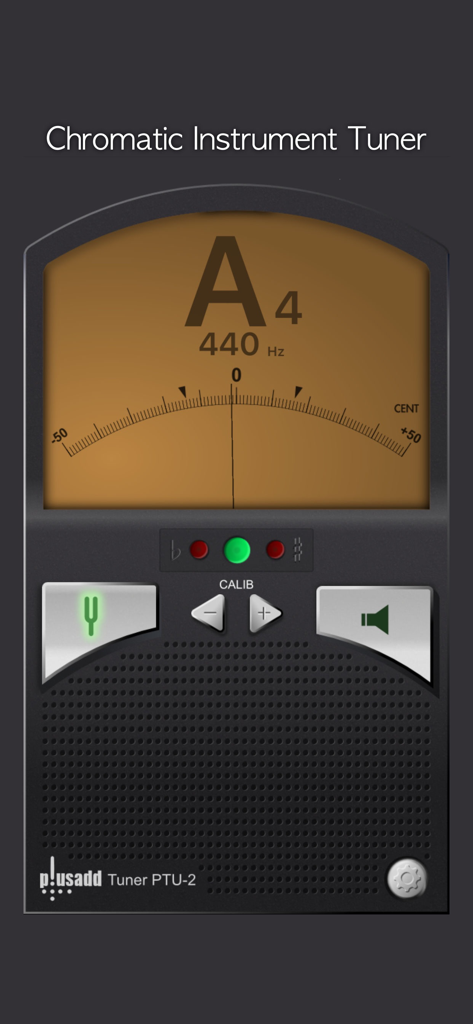 Interface of Tuner Lite app featuring a professional needle meter display and tuning indicators.