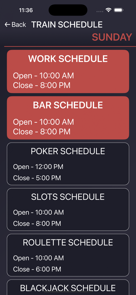 Day Winner Lounge - Mobile app screen showing Sunday operating hours for the bar, poker, slots, and roulette at the Diamond Palace Lounge.