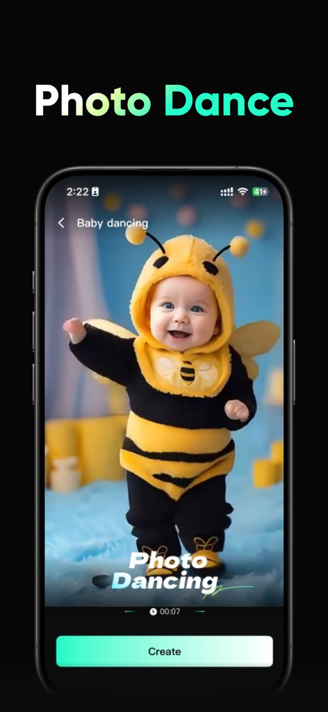 Guma-Ai Video Generator app interface showing the Photo Dance feature with an AI-generated baby in a bumblebee costume.