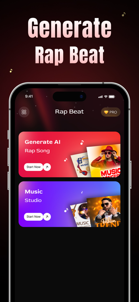 AI Rap Song Maker - Rap Music - The main screen of the AI Rap Song Maker app featuring options for AI song generation and a mobile music studio.