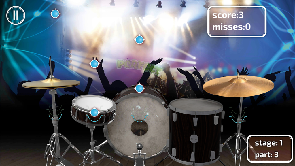Real Drums Game - Drum kit rhythm game interface with a concert background and score tracker