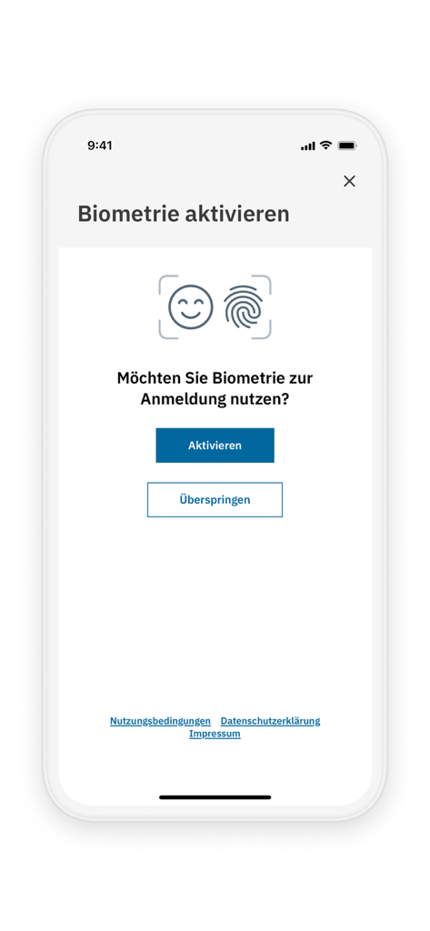 Biometric login activation screen in the TK-Ident app showing options for Face ID and fingerprint recognition.