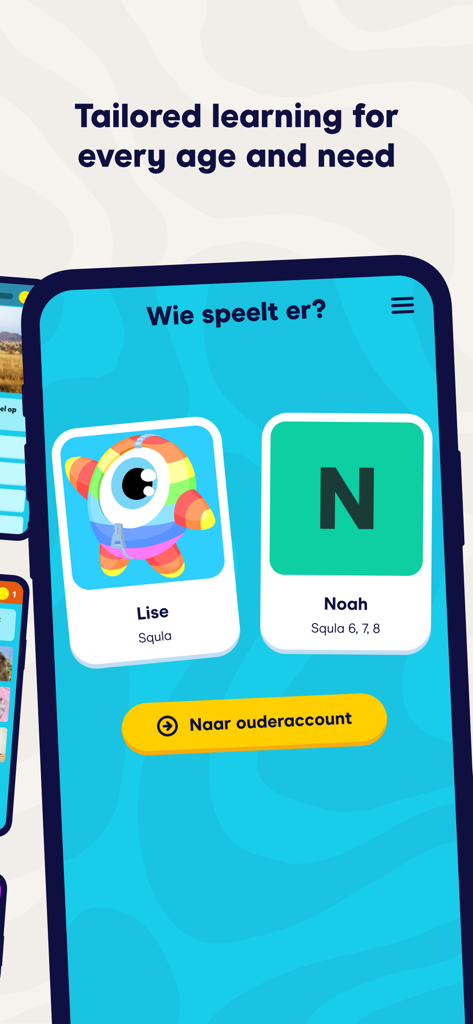 Squla - Fun learning - Screen showing personalized user profiles for kids in the Squla learning app