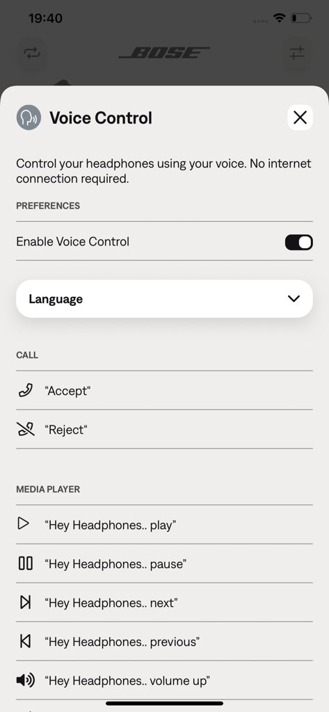 Voice control settings in the Bose QC Earbuds app showing commands for calls and media player