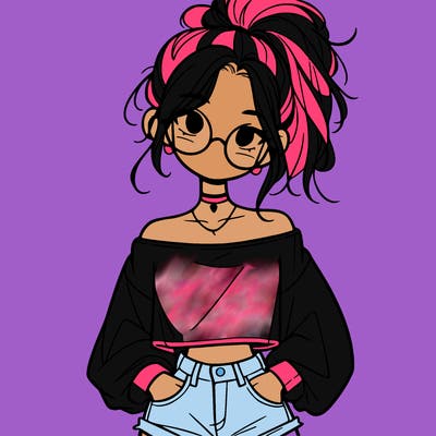 girl with a messy ponytail glasses a baggy crop top and jean shorts