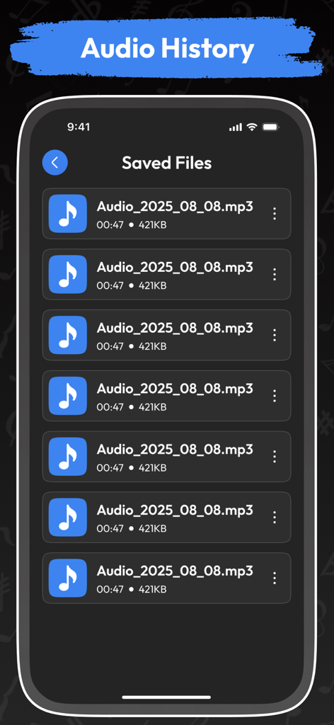 Audio Extractor Video to MP3 * - A mobile app interface displaying a list of saved MP3 files in the audio history section