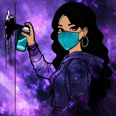 realistic girl with mask spray painting a wall