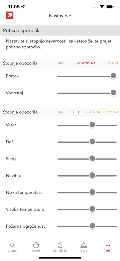 Settings screen for configuring weather and hazard push notifications in the Triglav Vreme app