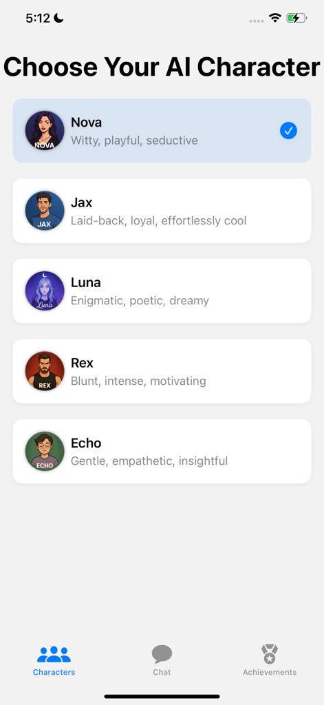 The character selection screen in the SoulTalk AI app showing various personality options like Nova, Jax, and Luna.