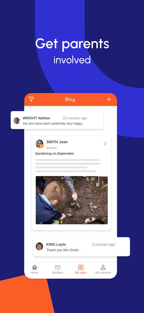 Interface de l'application ONE Pocket montrant un blog scolaire avec des publications d'enseignants et des commentaires de parents pour encourager l'implication.