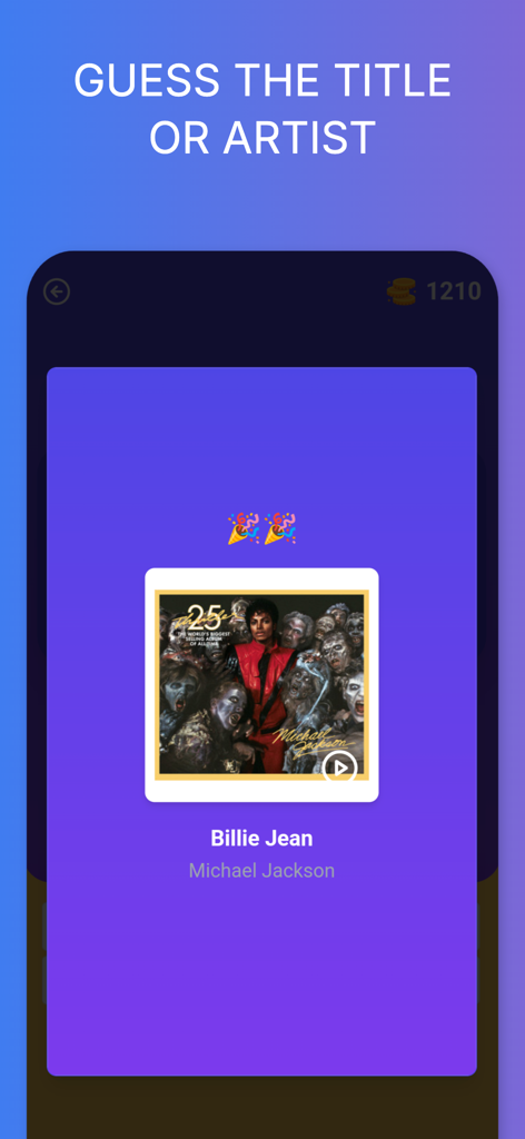 Music Trivia : Guess the songs - Una pantalla de juego móvil de Trivia Musical Adivina las canciones mostrando la portada del álbum Thriller de Michael Jackson y la respuesta correcta Billie Jean.