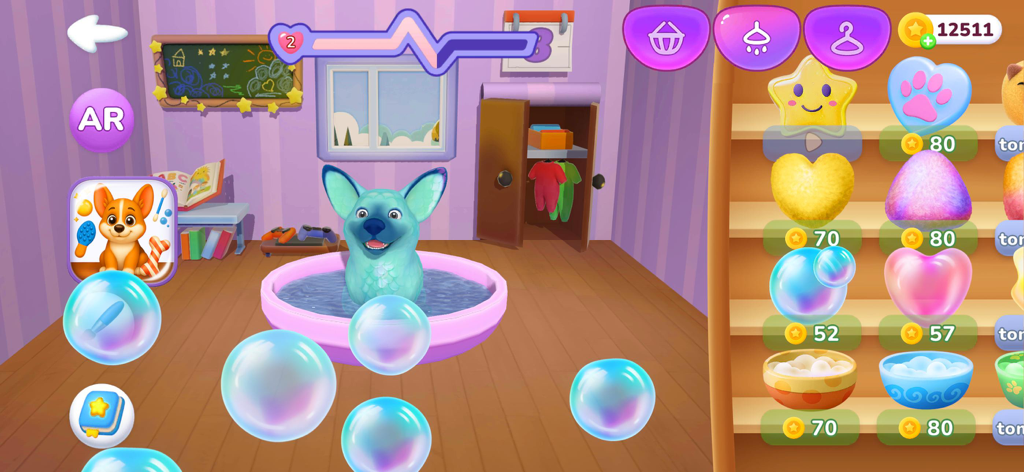 ZenCorgi: Puppy Pet Dog Games - Um filhote de corgi virtual azul tomando banho com bolhas no aplicativo de cuidados com animais ZenCorgi