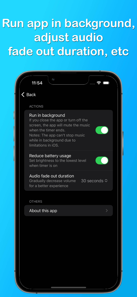 Sleep Timer: Stop Music Player - Página de configuración de la aplicación Temporizador de Sueño mostrando funciones como atenuación de audio y optimización de batería.