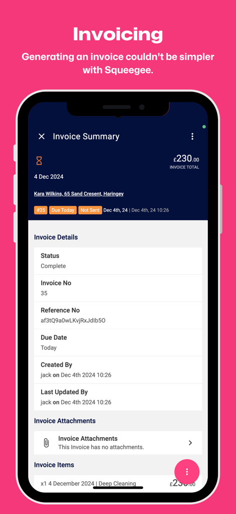 Invoice summary screen in the Squeegee Work Planner app showing billing details for a service business